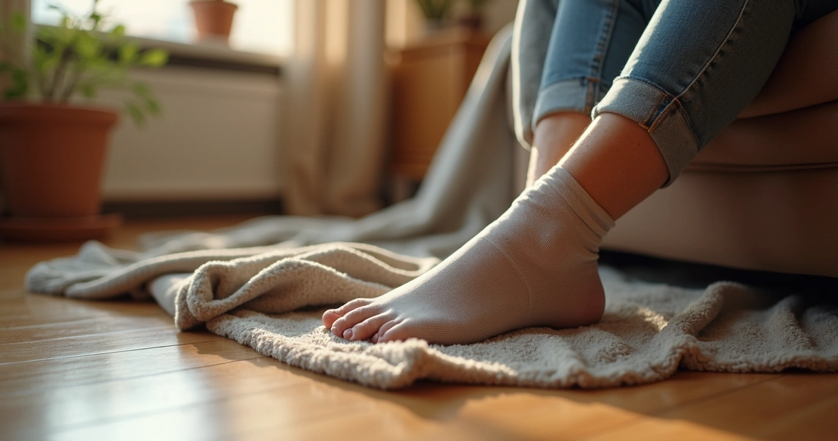 Pernas maduras com sinais de circulação, ambiente de casa 