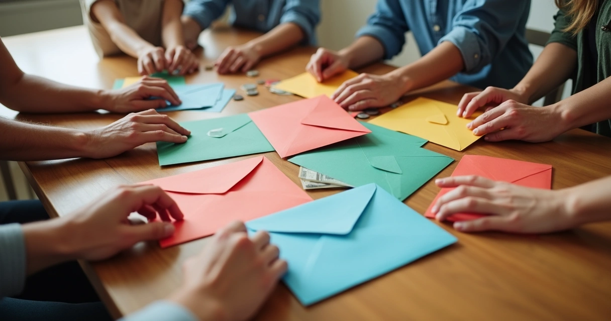 Vários envelopes rotulados com diferentes categorias de despesas em uma mesa