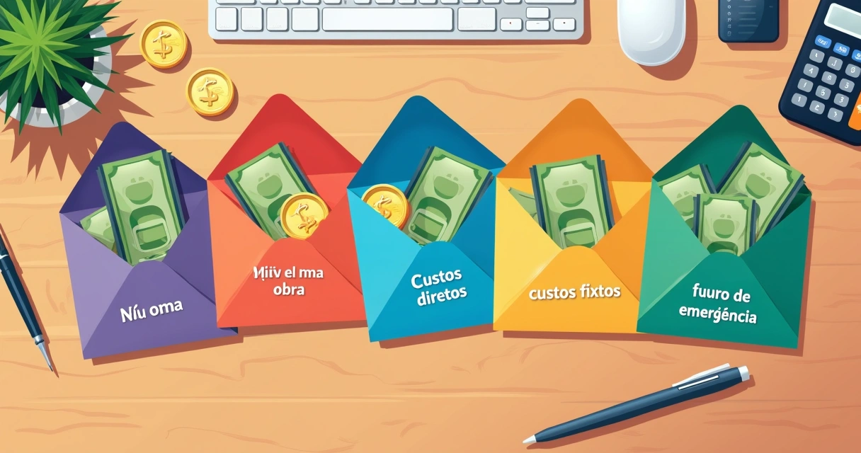Cinco envelopes de cores diferentes organizados em uma mesa, cada um com etiquetas de categorias e uma porcentagem indicada, ao lado de dinheiro e uma calculadora. 
