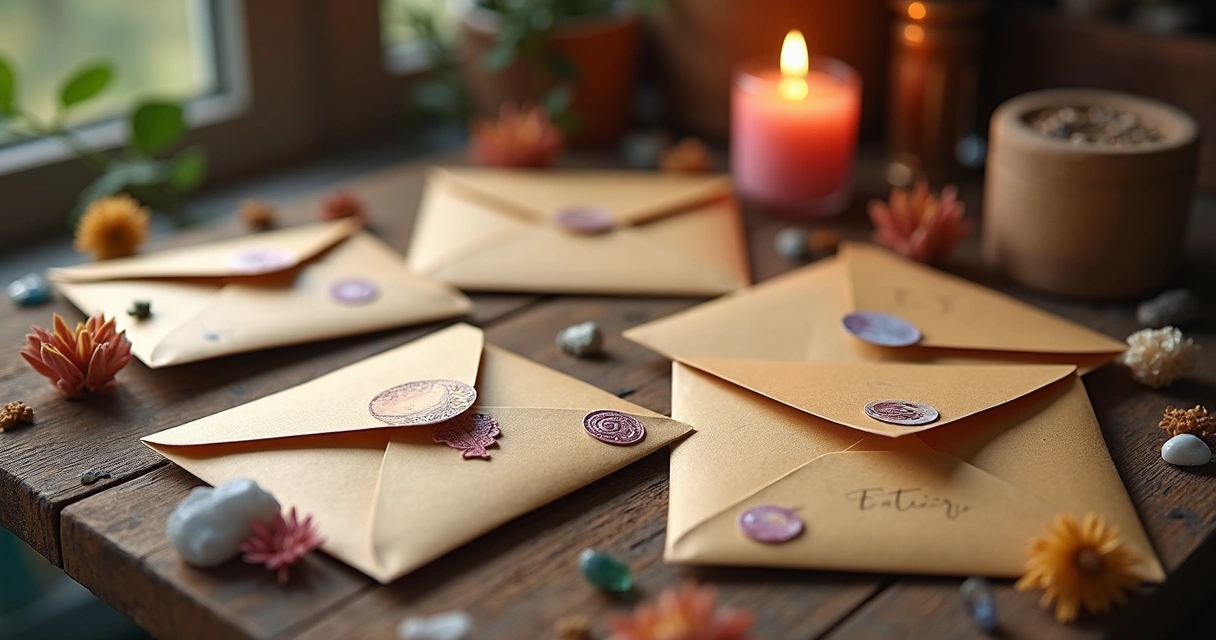 Vários envelopes decorados com cores vivas e elementos místicos em uma mesa de madeira