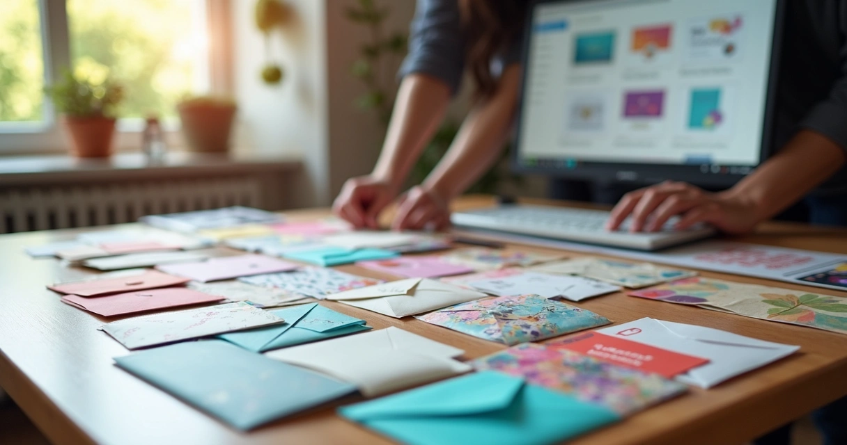 Vários envelopes personalizados dispostos sobre uma mesa de trabalho 
