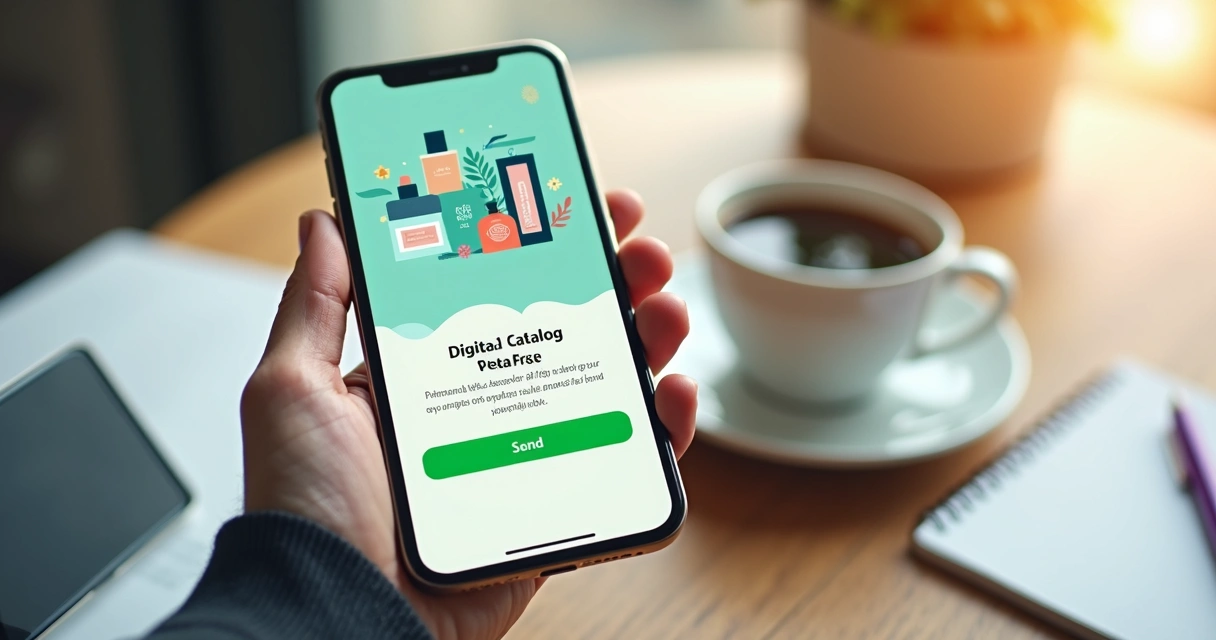 Pessoa enviando catálogo digital Jequiti pelo WhatsApp no celular 