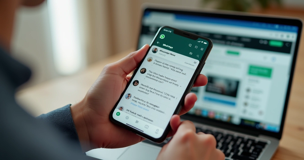 Pessoa segurando celular enviando notícia em grupo de WhatsApp.