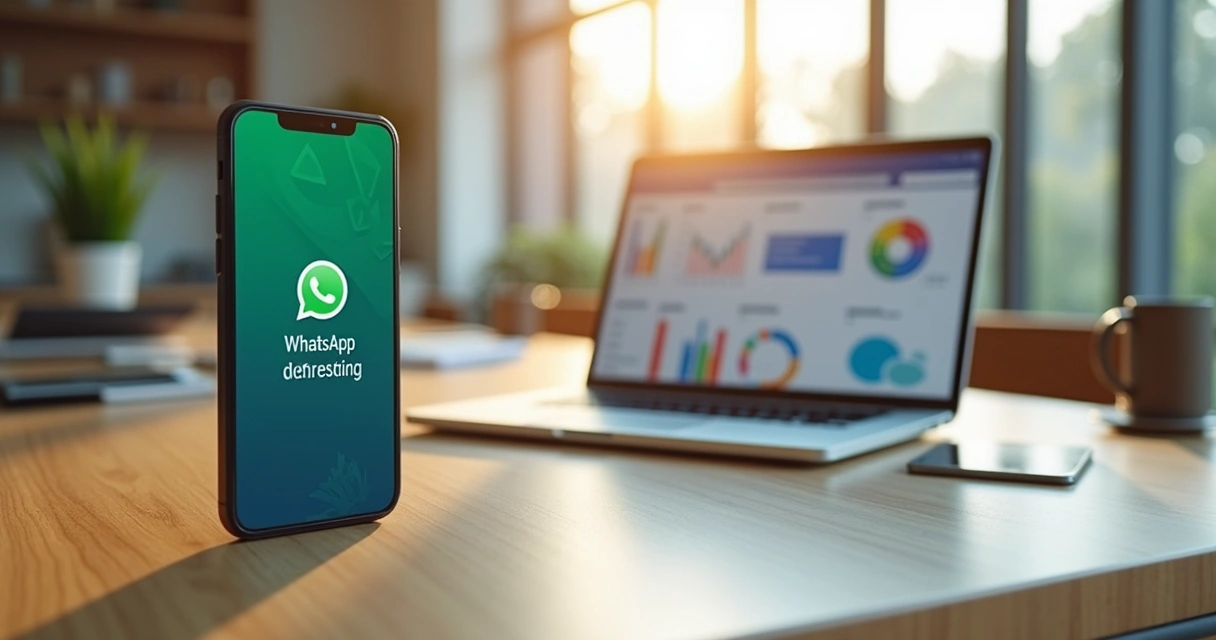 Tela de um smartphone exibindo mensagem automática de lembrete de aluguel para inquilino via WhatsApp, com ícones de e-mail e SMS ao fundo, escritório moderno ao redor com notebook aberto mostrando gráficos de controle de pagamentos e repasses 