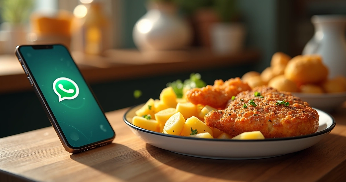 Celular exibindo mensagem personalizada do WhatsApp com nome do cliente na mesa de lanchonete 