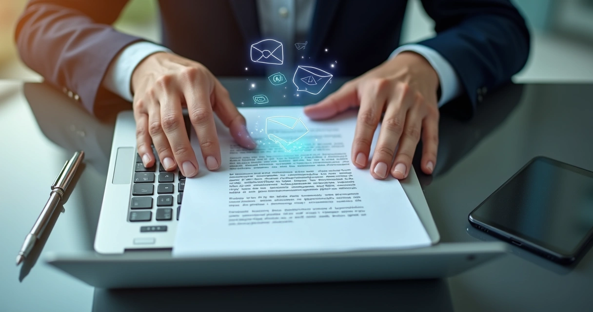 Visão superior de mãos usando laptop e carta impressa ao lado 