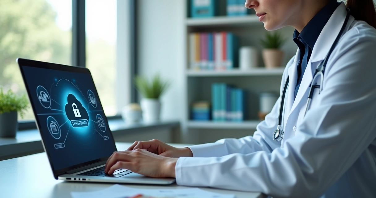 Farmacêutico enviando documentos digitais a partir de notebook 