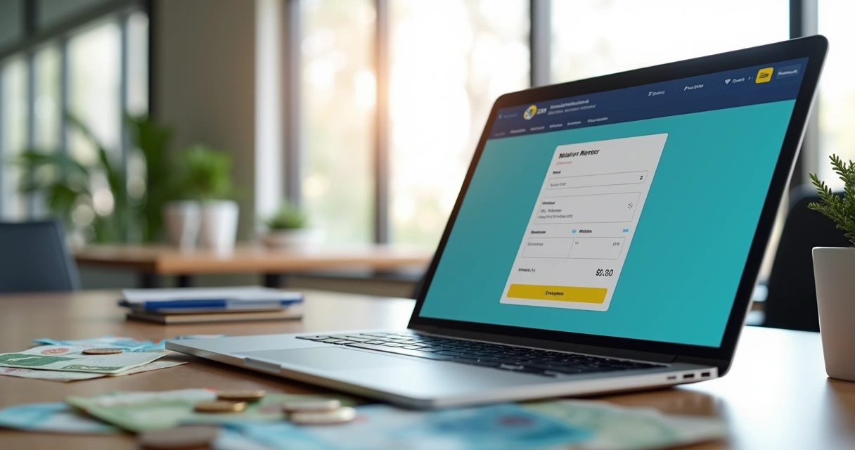 Uma mesa moderna com laptop aberto mostrando uma página de transferência de dinheiro, cartão de crédito, notas de reais e moedas espalhadas ao redor, fundo claro e ambiente profissional iluminado por luz natural 