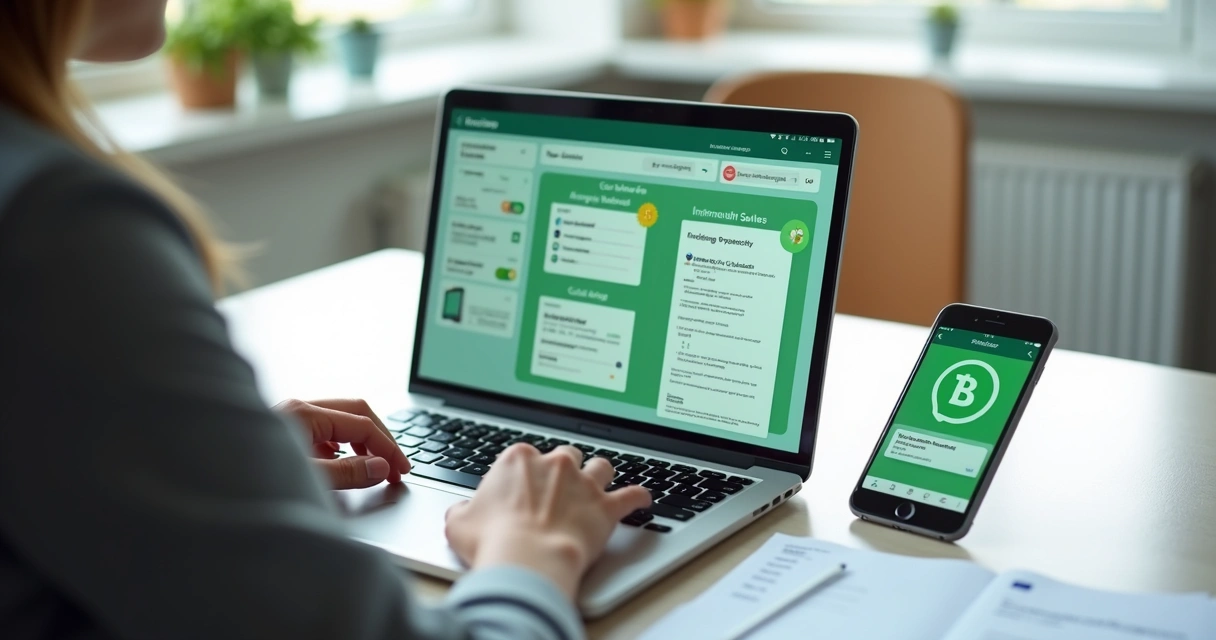Atendente enviando proposta digital pelo WhatsApp em notebook e celular
