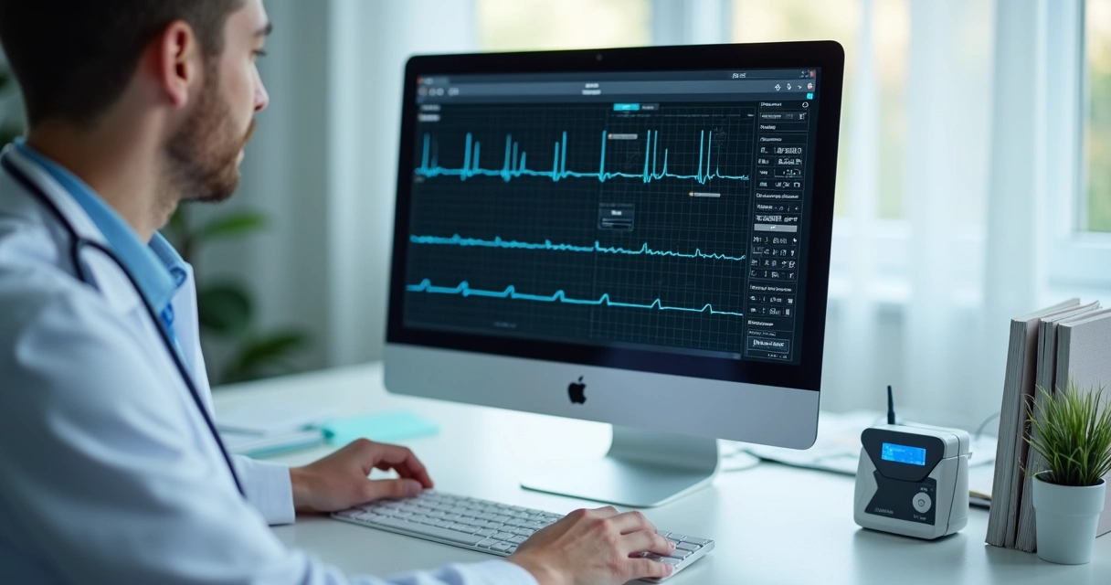Profissional enviando dados de exame Holter por computador 