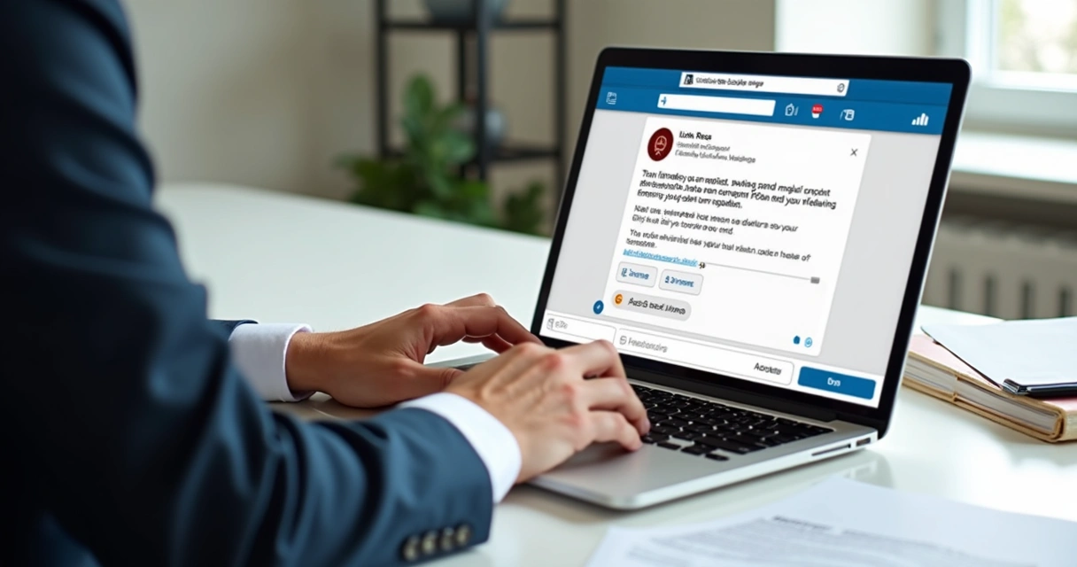Profissional enviando guia por mensagem direta no LinkedIn, laptop aberto