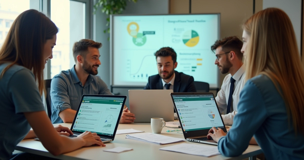 Equipe de marketing analisando envios de campanhas no WhatsApp em notebooks 