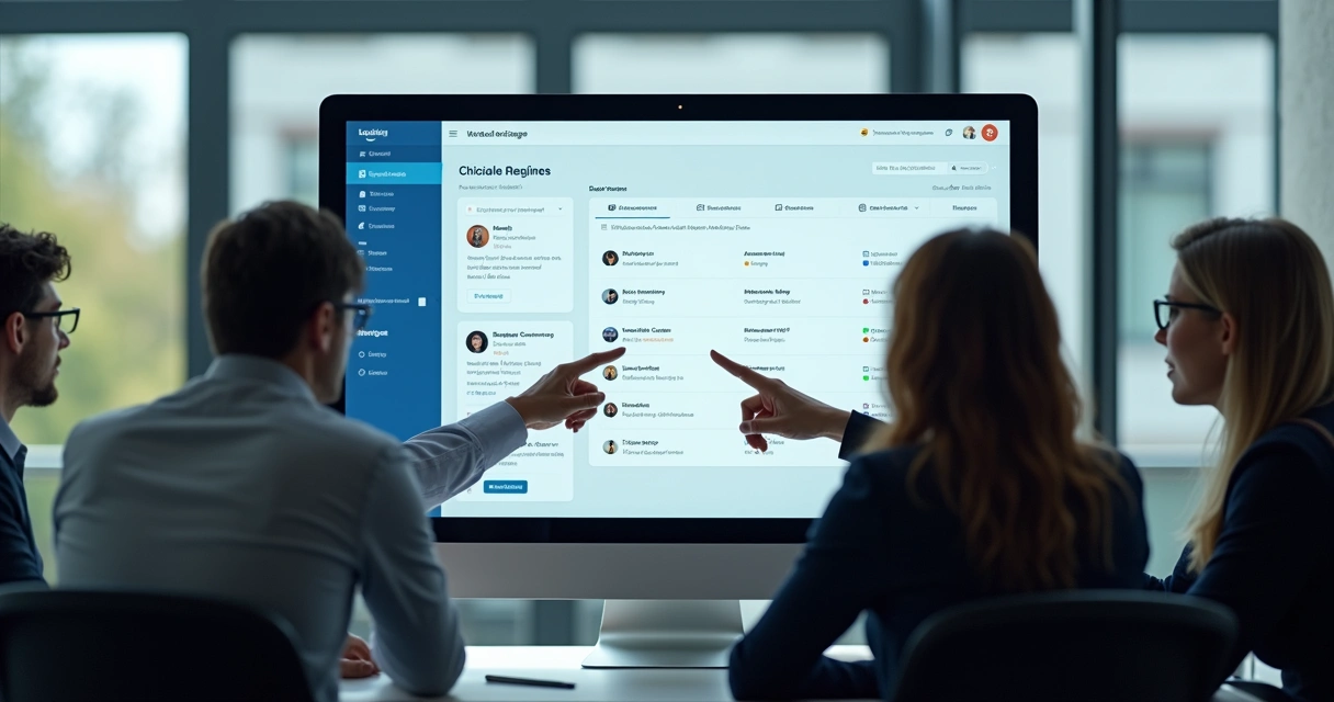 Equipe observando tela de computador com mensagens automatizadas 