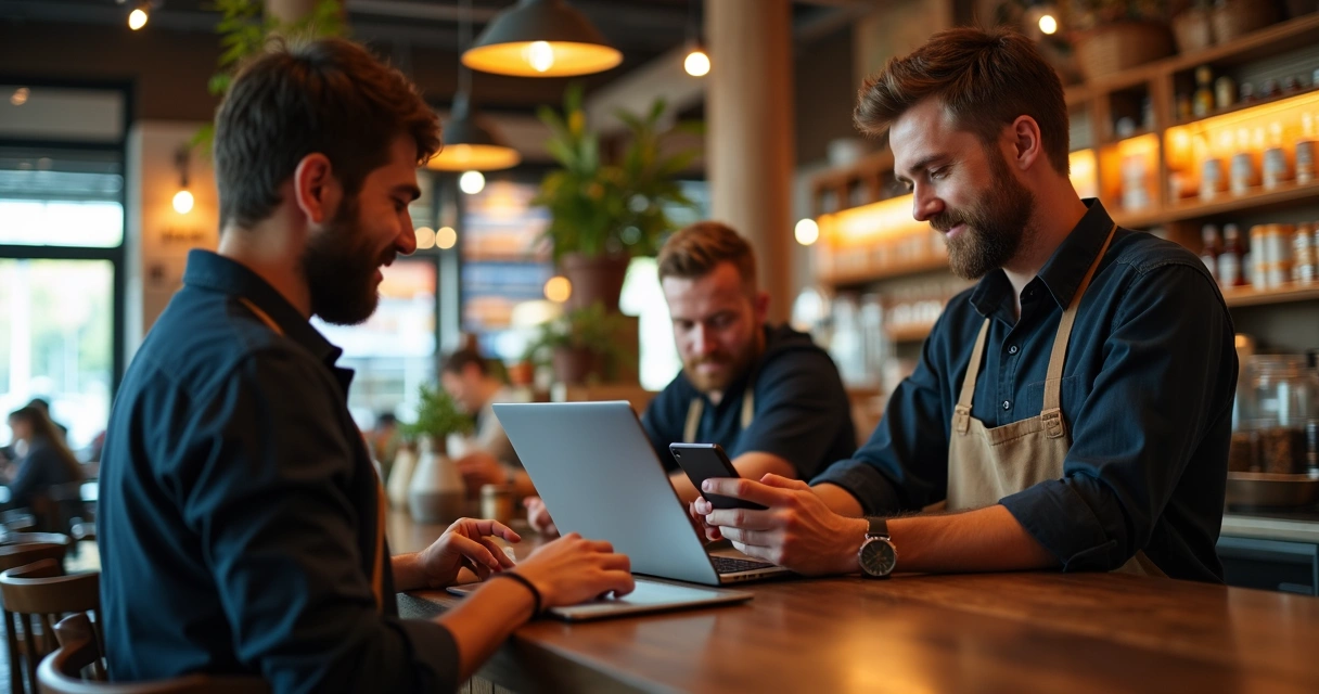 Equipe de restaurante enviando mensagens digitais para clientes