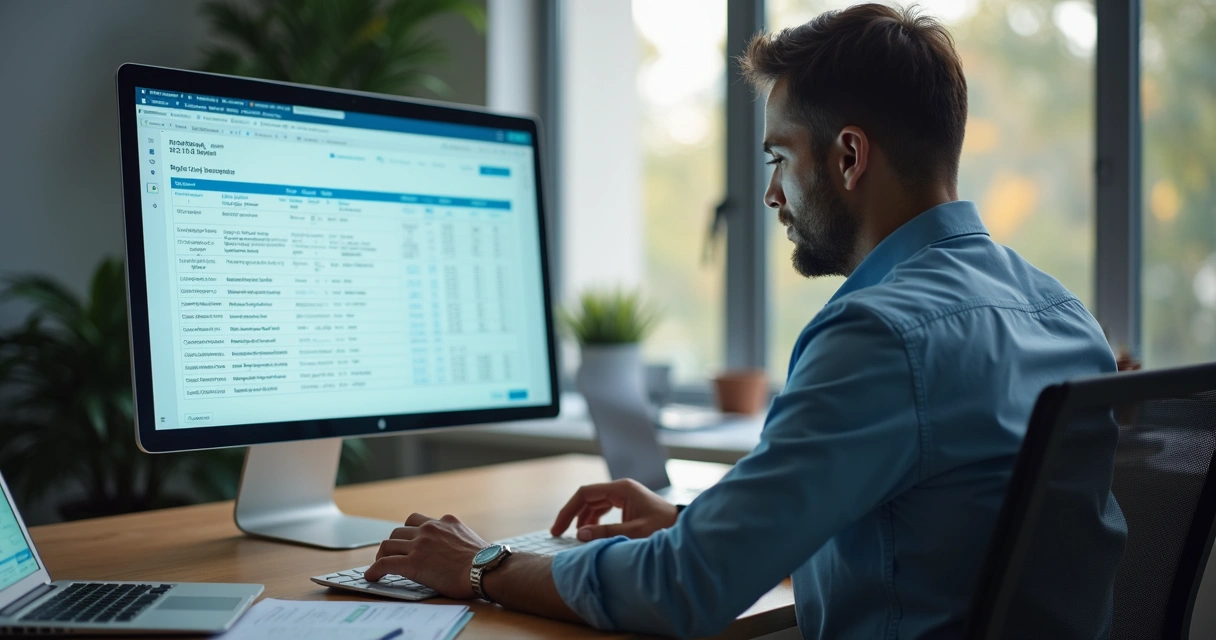 Profissional de contabilidade digitando informações fiscais em computador moderno