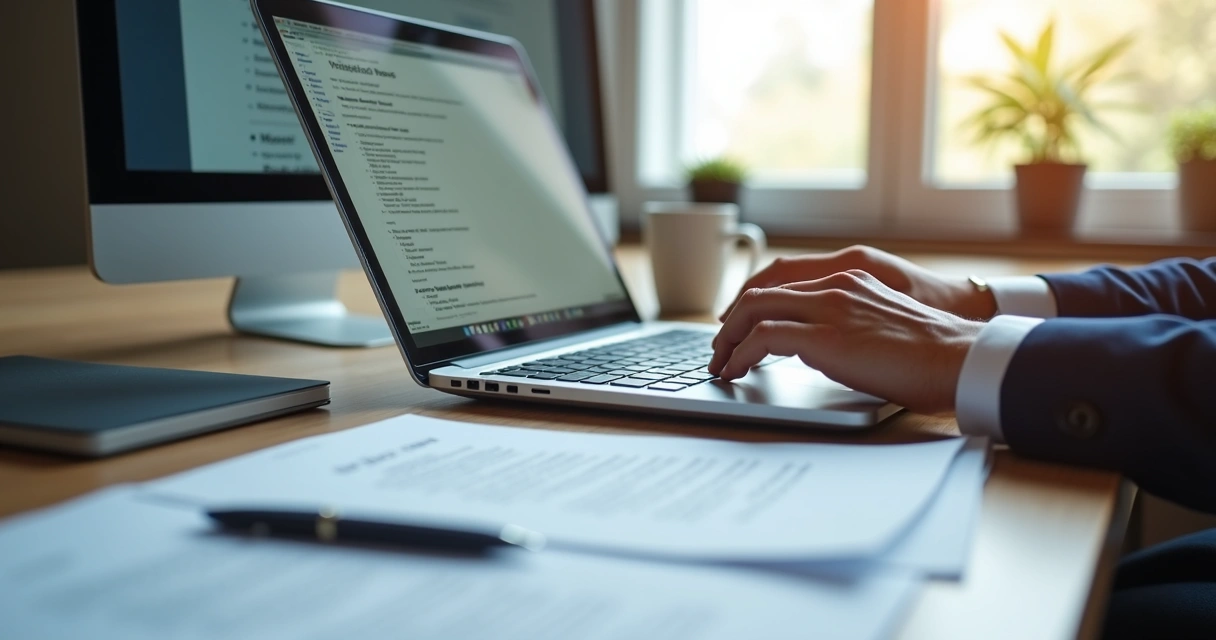 Profissional escrevendo um press release no computador, com anotações e café na mesa 