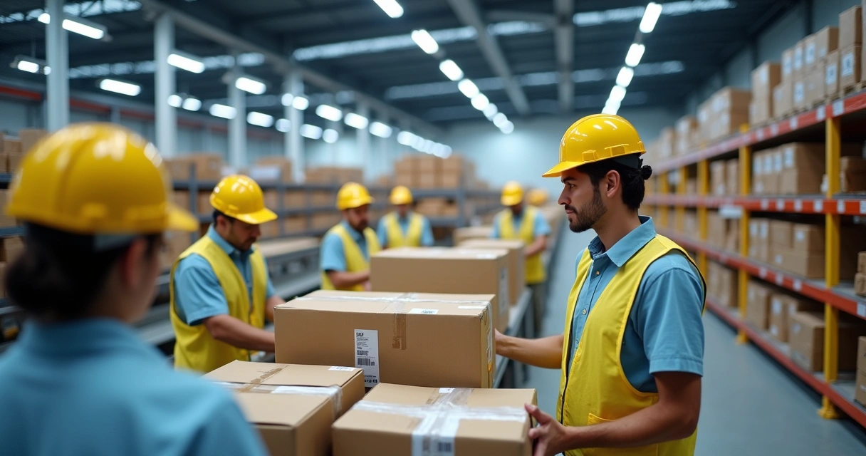 Funcionário separando pedidos rapidamente em centro de distribuição moderno