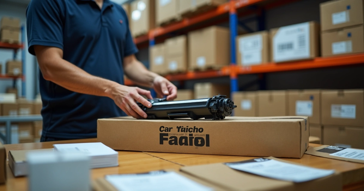 Embalagem de toner sendo separada para envio rápido 