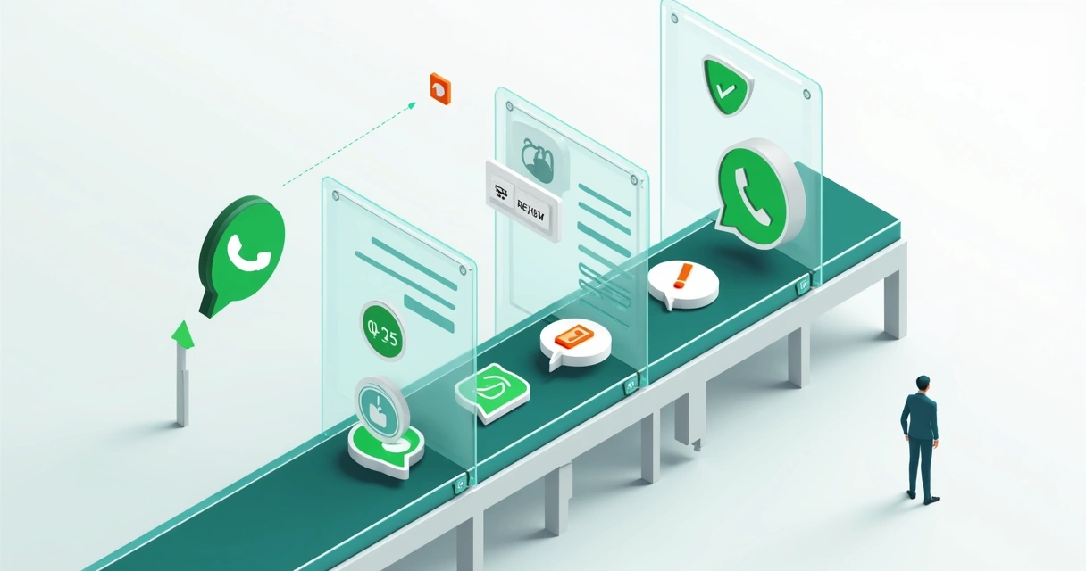 Ilustração de envios automáticos de WhatsApp passando com segurança por filtros de proteção 