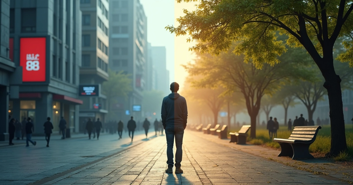 Person split between two contrasting environments symbolizing emotional maturity influence 