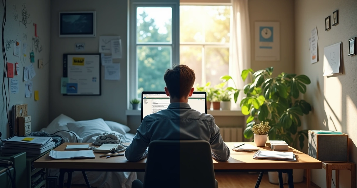 Person split between chaotic and calm environments reflecting on mindset 