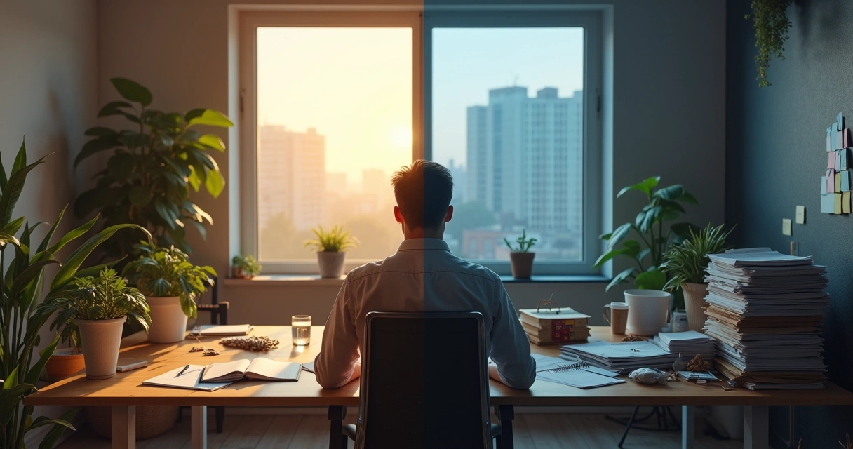 Person in split room showing contrasting environments shaping mindset 