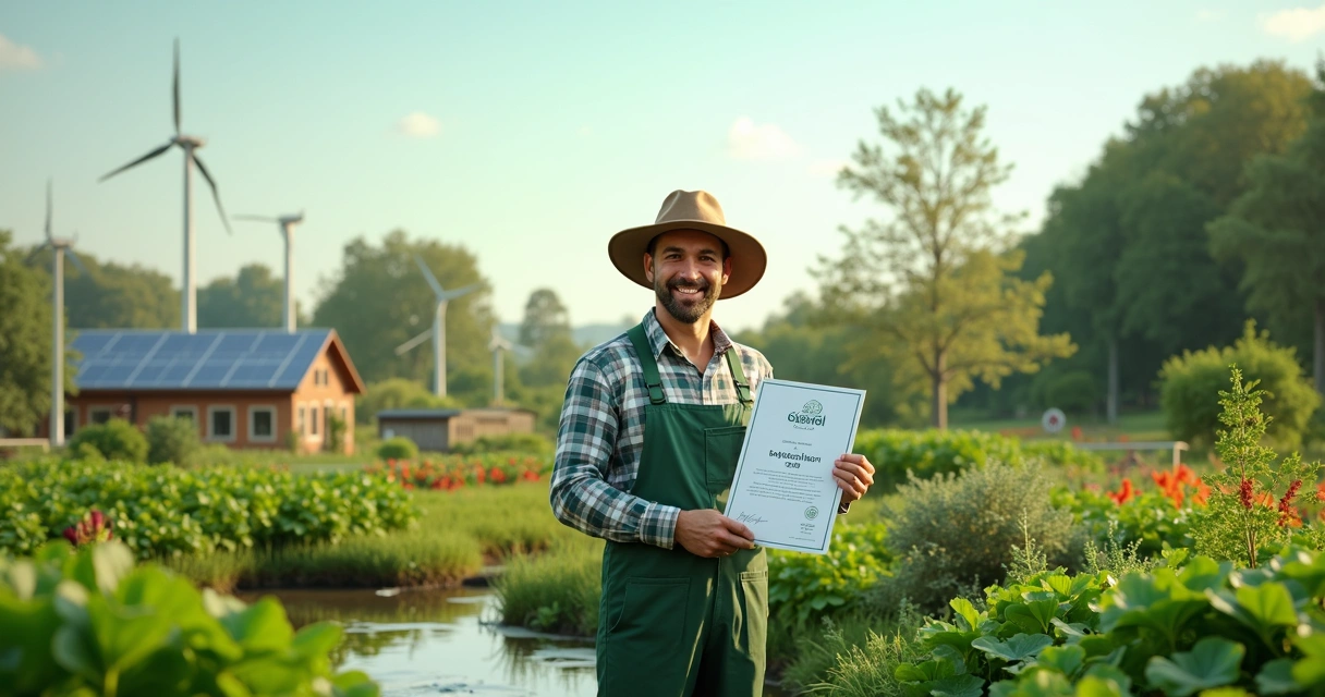 Farmer holding ISO 14001 certificate on sustainable farm 