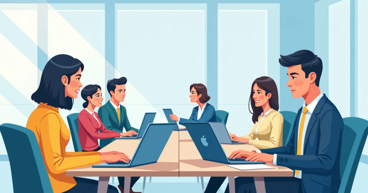 Grupos de pessoas em diferentes setores dialogando por notebooks numa sala de trabalho