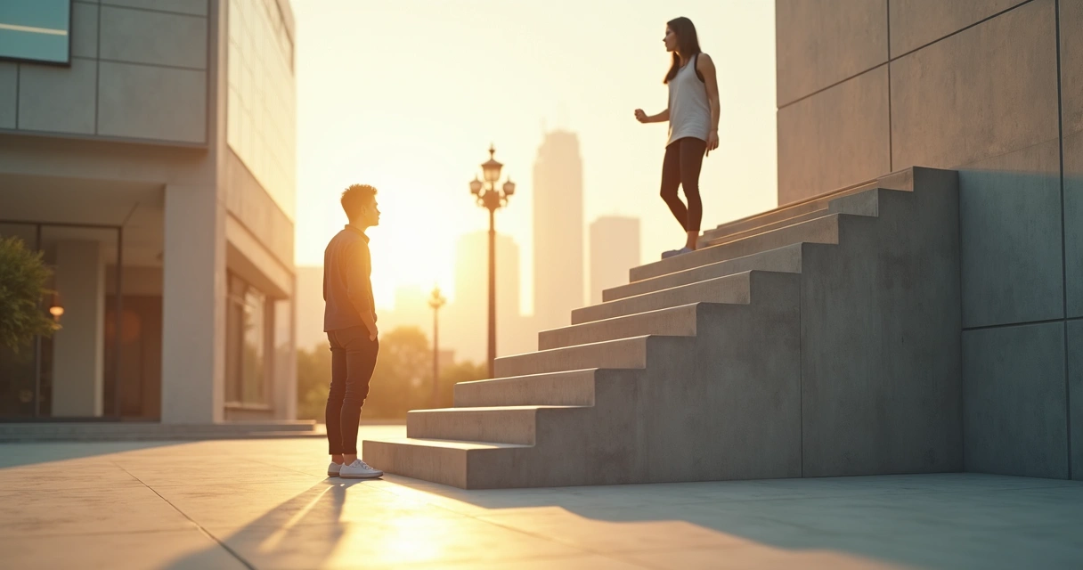 Two people on different-height staircases reaching toward the same light source 