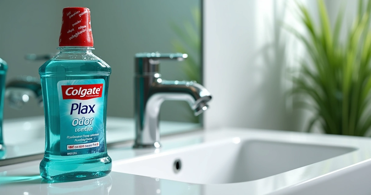 Frasco de enxaguante bucal Colgate Plax ao lado de uma pia de banheiro 