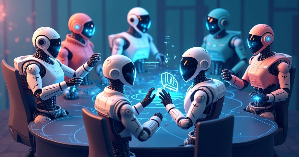 Agentes de IA em rede colaborando digitalmente 