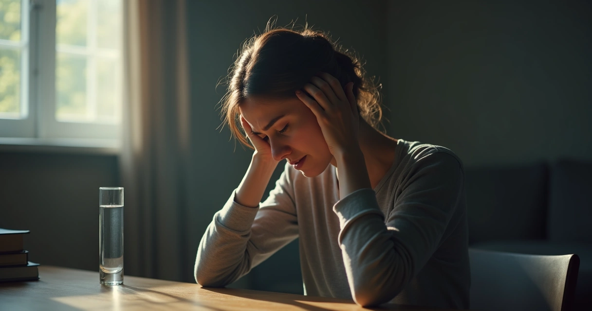 Mulher sentada apoiando a cabeça, luz baixa ao fundo, buscando alívio para dor intensa.