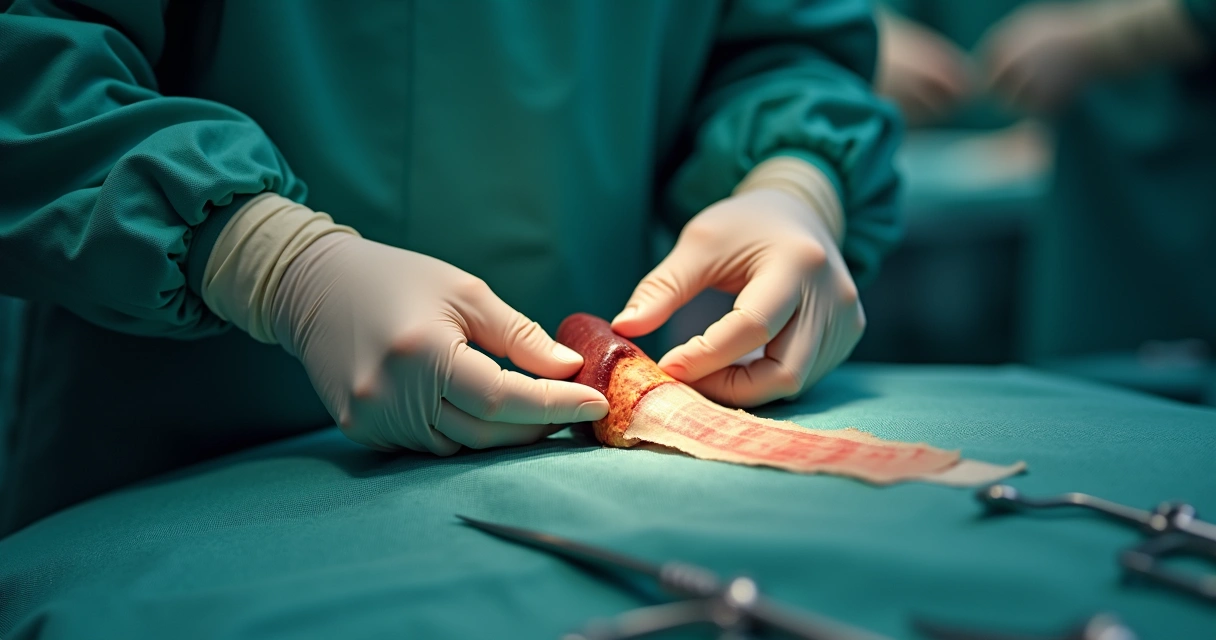 Cirurgião realizando enxerto peniano visualizando área de placa e enxerto de pericárdio. 