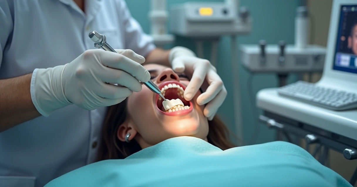 Cirurgião-dentista realizando enxerto ósseo em mandíbula com instrumentos cirúrgicos 