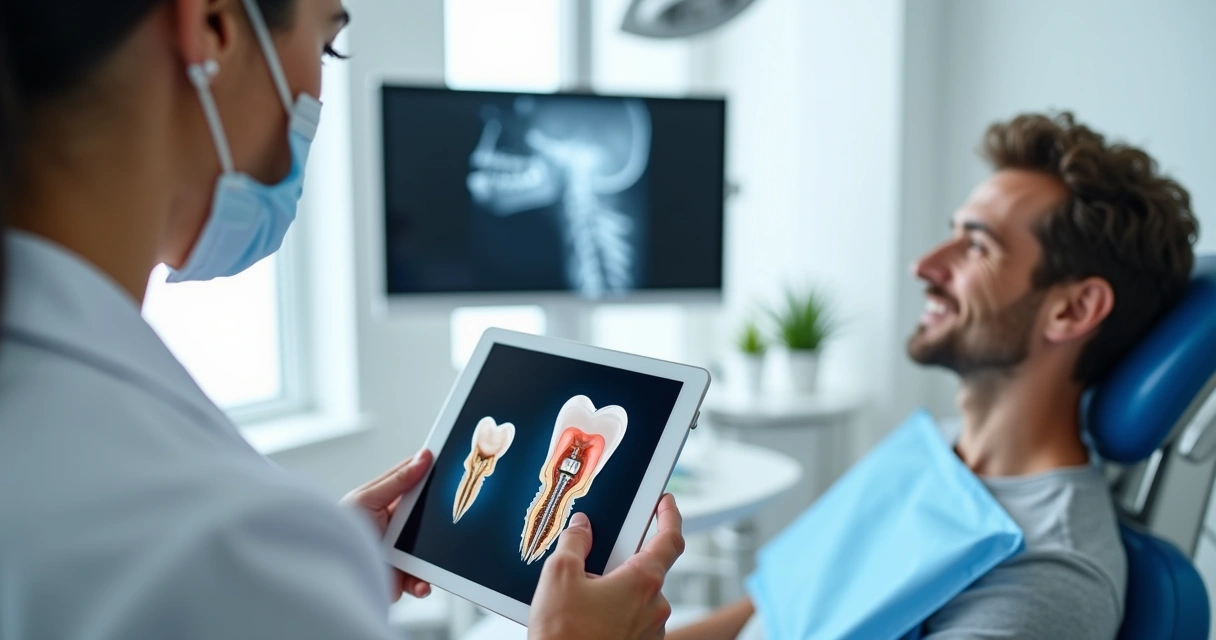 Dentista mostrando em um tablet o enxerto ósseo dentário para paciente na cadeira odontológica 