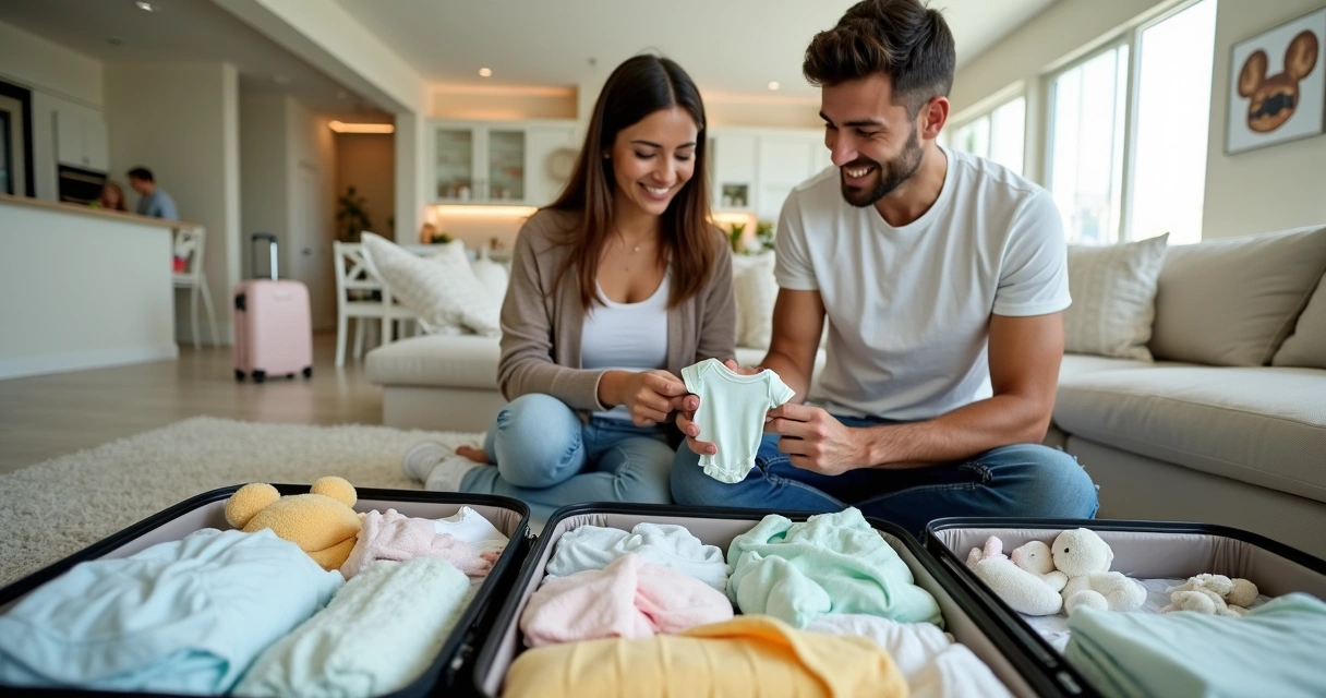 Casal organizando enxoval de bebê em malas de viagem em casa moderna em Orlando 
