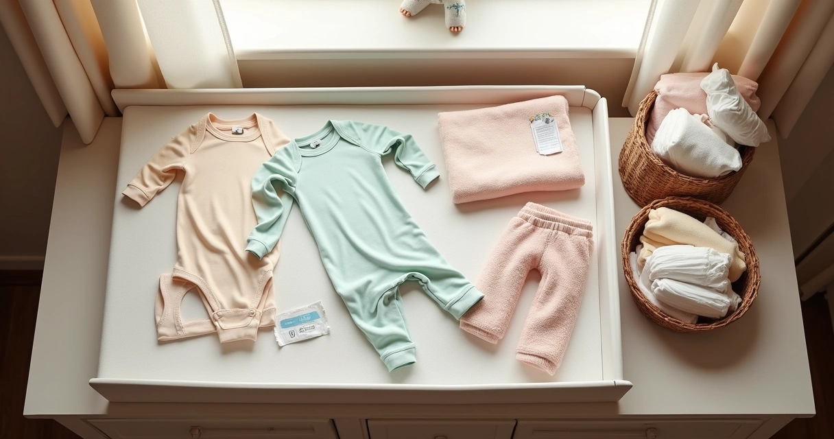 Roupas e fraldas de bebê organizados no trocador 