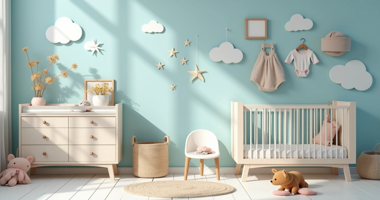 Berço com enxoval de bebê, incluindo roupas, mamadeira e fraldas, em um ambiente acolhedor e iluminado.