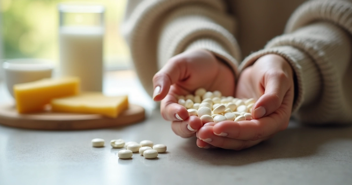 Comprimidos mastigáveis de lactase em uma mão 