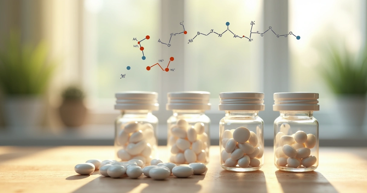 Frascos de suplemento de lactase com cápsulas ao lado e ilustração da molécula de lactose e lactase 