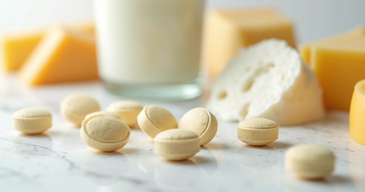 Suplementos de lactase em comprimidos sobre fundo branco com leite e produtos lácteos ao lado 