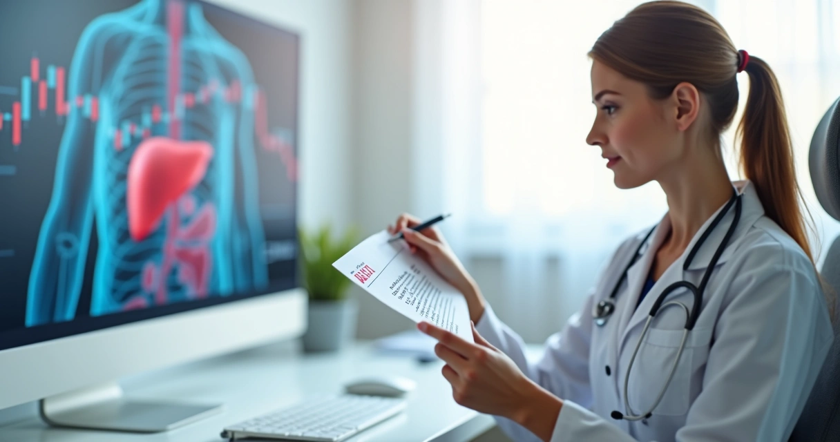 Médica segurando exame de sangue com destaque para enzimas hepáticas AST e ALT 