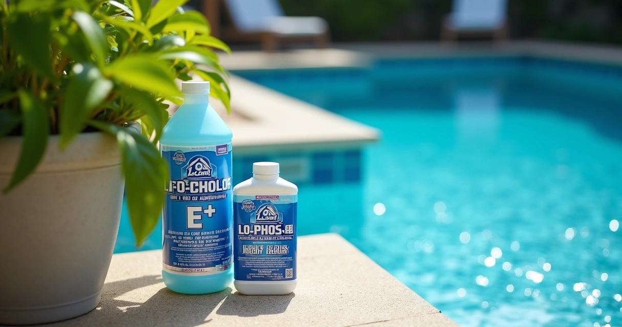 Enzyme and phosphate pool treatments beside a clean pool 
