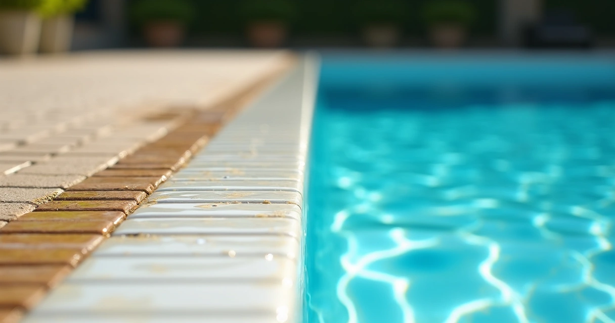 Close-up comparison of pool tile waterline before and after enzyme cleaning 
