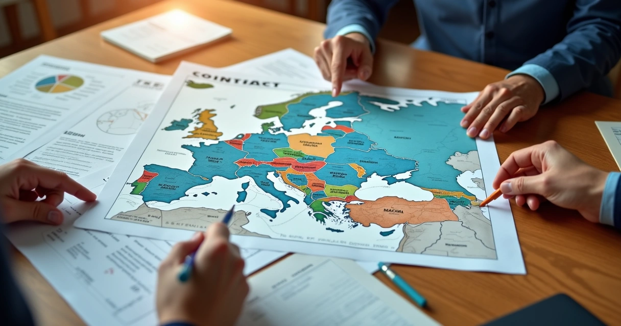 Legal documents and hands pointing at contracts with Europe map overlay 