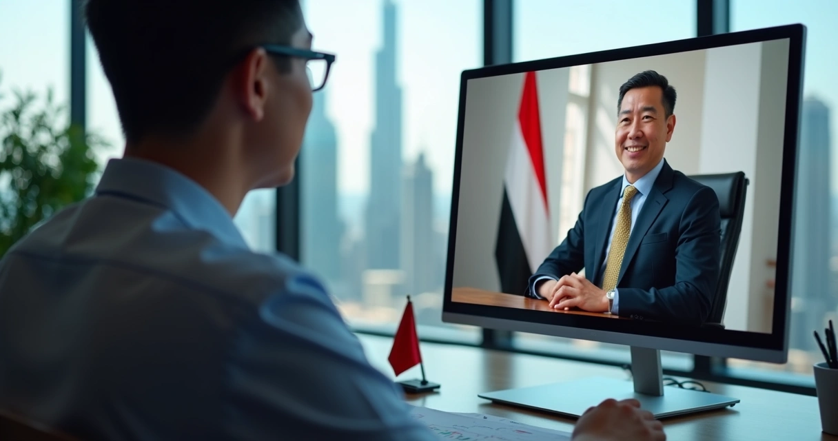 Chinese business manager video calling remote UAE employee