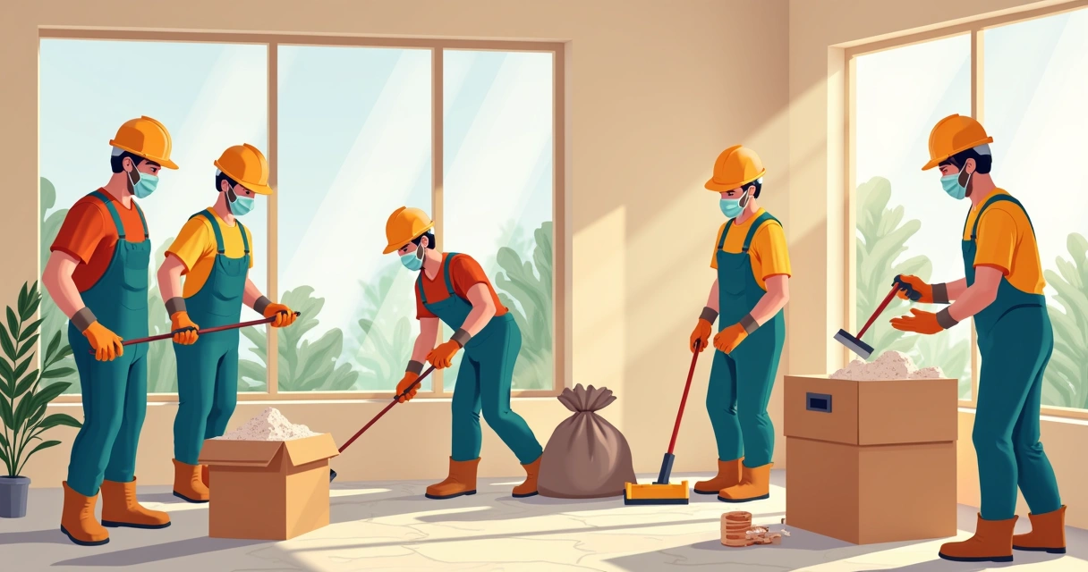Equipe de obra usando EPIs limpando e organizando o ambiente 