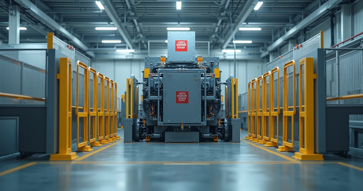 Grades de proteção e botões de emergência em máquina industrial 