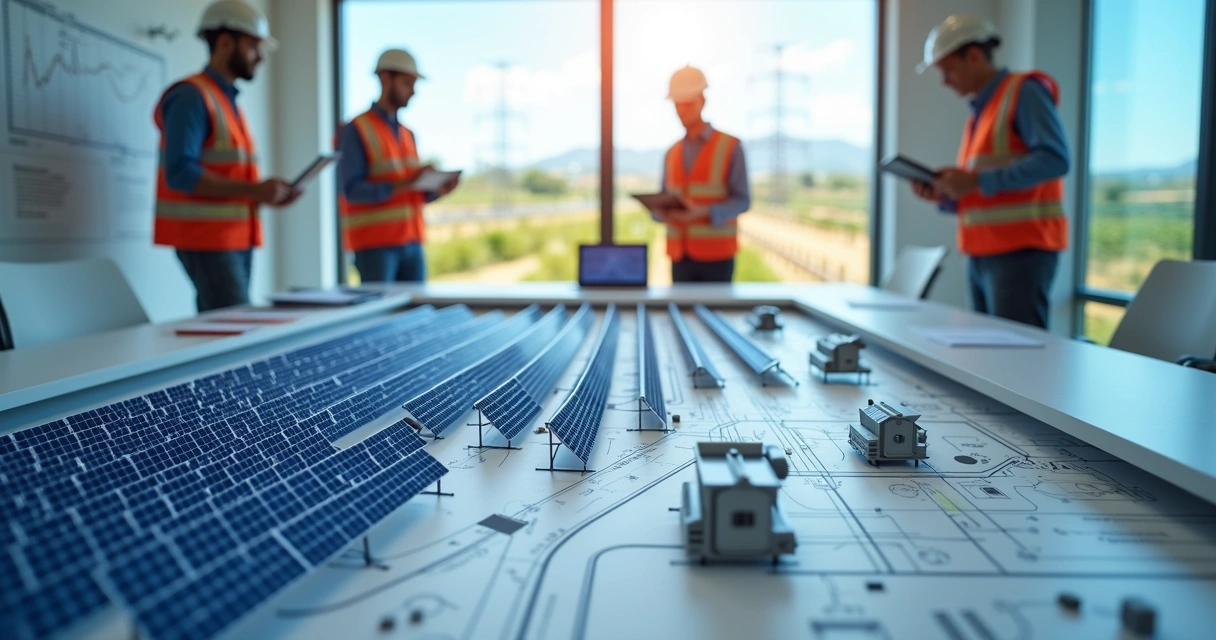 Engenheiros analisando maquete física de usina solar em sala de projeto iluminada 