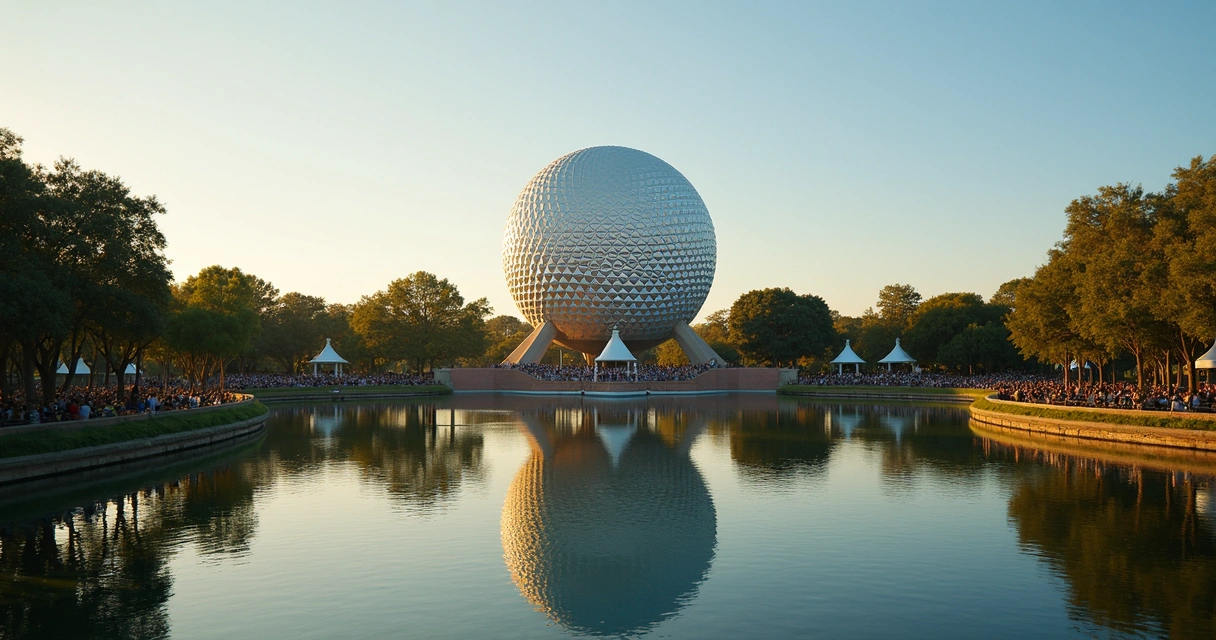 Cúpula do Epcot refletindo no lago à tarde 